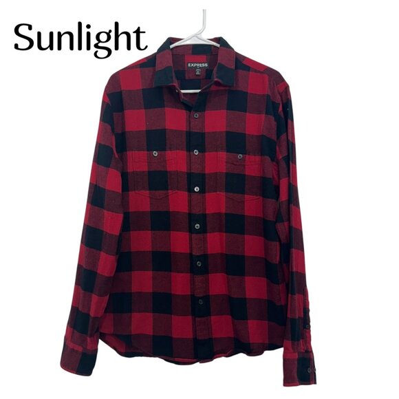 Express Mens Flannel Red & Black Plaid Long Sleeve Button-Down Shirt Size L - Picture 1 of 10